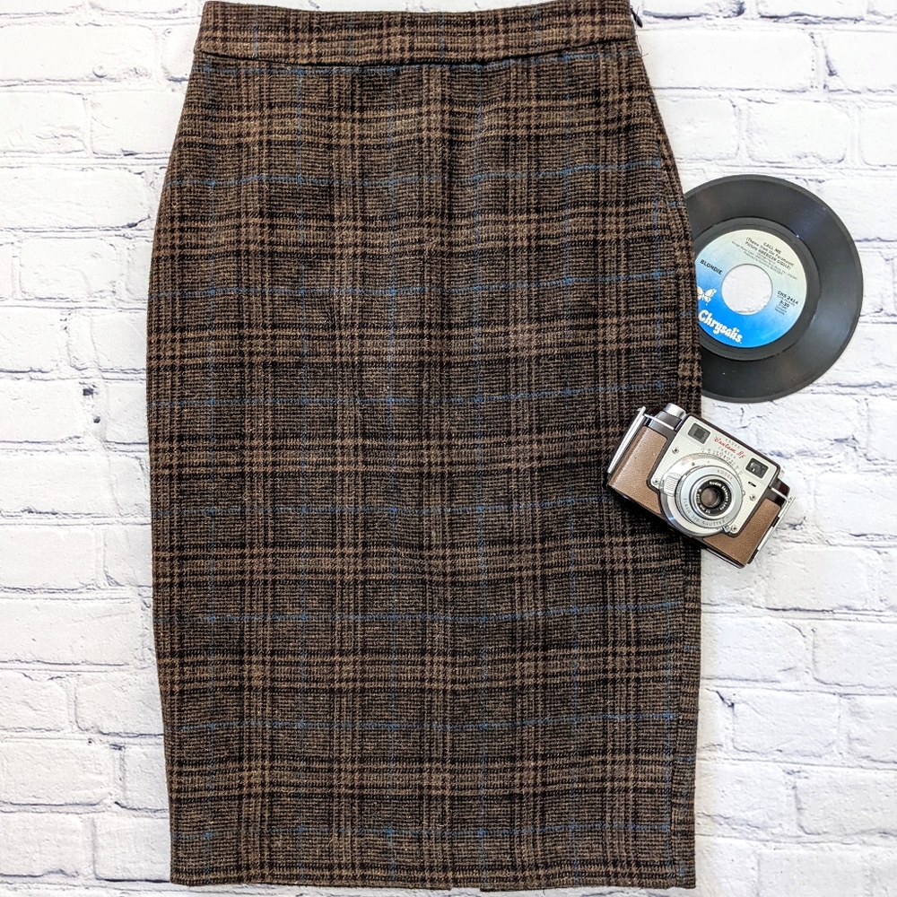 3/$12 Forever21 wool blend fully lined brown/blue plaid retro pencil skirt sz xs